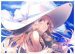  1girl blonde_hair bow braid clouds cloudy_sky colored_eyelashes day green_eyes hair_bow hand_on_own_chest hat hat_ribbon highres light_frown lillie_(pokemon) long_hair looking_back open_mouth pokemon pokemon_sm r.aka. ribbon sky stray_hair sun_hat twin_braids 