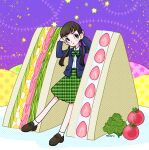  1girl blue_jacket blush_stickers bow broccoli brown_eyes brown_footwear brown_hair cherry_tomato closed_mouth food fruit fujishima_moyu green_skirt highres jacket loafers long_hair original oversized_food oversized_object plaid plaid_bow plaid_skirt sandwich shirt shoes skirt socks strawberry tomato twintails white_shirt white_socks 