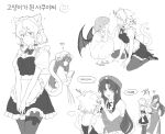  4girls absurdres animal_ears apron bat_wings beret braid cat_ears cat_tail china_dress chinese_clothes commentary_request crescent_moon dress greyscale hat hat_ornament high_heels highres hong_meiling izayoi_sakuya korean_commentary korean_text long_hair maid maid_headdress mob_cap monochrome moon multiple_girls pantyhose parted_bangs patchouli_knowledge remilia_scarlet sarukana short_hair short_sleeves side_braids slippers speech_bubble star_(symbol) star_hat_ornament tail thigh_strap touhou translation_request twin_braids waist_apron wings 