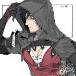  1boy black_gloves black_hair black_hood blue_eyes character_name clive_rosfield cloak dated facial_hair final_fantasy final_fantasy_xvi gloves hair_between_eyes hiryuu_(kugelcruor) hood hood_up hooded_cloak looking_down male_focus pectorals red_vest scar scar_on_face short_hair signature solo stubble upper_body vest white_background 