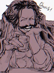  1boy ^_^ abunaideka beard_stubble bracelet chromatic_aberration closed_eyes collared_coat commentary_request cup facial_hair gol_d._roger hand_on_own_hip highres holding holding_cup jewelry laughing long_mustache male_focus mustache one_piece open_mouth ring short_hair smile solo stubble toasting_(gesture) upper_body white_background 