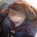  1boy auch_(unicorn_overlord) bishounen black_robe blonde_hair blue_eyes brown_gloves closed_mouth commentary_request eyelashes fantasy gloves hair_between_eyes highres hood hood_up hooded_robe jewelry looking_at_viewer male_focus ring robe solo stone_wall unicorn_overlord upper_body yatyou6666 