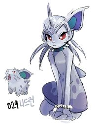  1girl animal_ears bright_pupils buck_teeth collar colored_skin dress long_hair looking_at_viewer nidoran nidoran_(female) personification pokemon pokemon_(creature) purple_dress purple_skin red_eyes reference_inset simple_background sleeveless sleeveless_dress spiked_collar spikes squatting tamtamdi teeth translated white_background white_pupils 