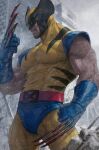  1boy blood blood_on_weapon bodysuit building claws commentary cowboy_shot english_commentary facial_hair highres male_focus marvel mask muscular official_art realistic simple_background snowing solo standing stanley_lau superhero_costume weapon western_comics_(style) wolverine_(x-men) x-men 