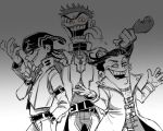 3boys alternate_costume badass cartoon cartoon_network ed_(ed_edd_n_eddy) ed_edd_n_eddy edd_(ed_edd_n_eddy) eddy_(ed_edd_n_eddy) friends greyscale grin group highres junkmixart monochrome simple_background smile white_background