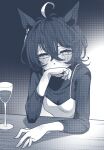  1girl a4_(a4_eishi) absurdres alcohol alternate_hairstyle animal_ears arm_on_table arms_on_table black_sweater blush covering_own_mouth crossed_bangs cup drinking_glass drunk ear_tag earrings elbow_on_table greyscale hair_between_eyes hand_over_own_mouth highres horse_ears horse_girl jewelry long_sleeves manhattan_cafe_(umamusume) monochrome single_earring solo sweater sweater_under_dress table umamusume wine wine_glass wooden_table 