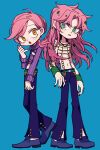  2boys black_nails blue_background clothing_cutout commentary_request cropped_sweater diavolo fishnet_top fishnets green_eyes jojo_no_kimyou_na_bouken long_hair low_ponytail male_focus multiple_boys nail_polish navel orange_eyes pink_hair ponytail ribbed_sweater sempon_(doppio_note) spotted_hair sweater turtleneck turtleneck_sweater vento_aureo vinegar_doppio wristband 