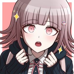  1girl :o artist_name black_jacket black_shirt brown_hair commentary_request danganronpa_(series) danganronpa_2:_goodbye_despair dress_shirt galaga hair_ornament hands_up highres hood hood_down hooded_jacket jacket long_sleeves medium_hair nanami_chiaki neck_ribbon pink_eyes pink_ribbon portrait ribbon shirt solo sparkle suiren_yurei teeth two-tone_shirt upper_teeth_only white_shirt 