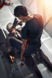  2boys aiming back back_focus back_muscles bai_rui beaten biceps black_necktie black_pants black_suit bleeding blood blood_drop blood_on_arm blood_on_clothes blood_on_face blood_on_hands broad_shoulders brown_hair business_suit finger_on_trigger firing formal gun highres holding holding_gun holding_weapon immobilization injury izumi_juurou juusan_kihei_bouei_ken male_focus mature_male multiple_boys murder muscular muscular_male necktie pain pants pinned sekigahara_ei shirt short_hair suit tight_clothes tight_shirt uniform violence weapon white_hair white_shirt 