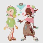  1boy 2girls big_man_(splatoon) blonde_hair closed_mouth clothing_cutout colored_eyelashes colored_tips commentary dango dark-skinned_female dark_skin earrings fangs fangs_out flower_earrings food food_on_head frye_(splatoon) green_hair inkling jewelry long_pointy_ears medium_hair multicolored_hair multiple_girls object_on_head octoling official_alternate_costume one_eye_closed pointy_ears red_eyes reptacular sandals shiver_(splatoon) simple_background splatoon_(series) splatoon_3 symbol-only_commentary tentacle_hair two-tone_hair wagashi white_background yellow_eyes 