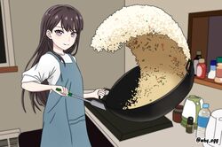  1girl a_whydc bang_dream! bang_dream!_it&#039;s_mygo!!!!! bottle brown_hair closed_mouth commentary cooking electric_kettle english_commentary fried_rice_prank_(meme) hair_behind_ear highres holding holding_spatula indoors kettle long_hair looking_at_viewer meme rice shiina_taki shirt short_sleeves solo spatula violet_eyes white_shirt wok 