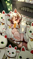  1girl absurdres animal_ears barefoot bell black_bracelet black_choker bracelet brown_hair brown_shirt cat_ears cat_girl cat_tail choker coin full_body gold goutokuji_mike hand_up highres jewelry koban_(gold) kourou_(kouroukun) looking_at_viewer maneki-neko mouth_hold multicolored_hair multicolored_shirt neck_bell orange_eyes paw_pose shirt short_hair solo squatting tail touhou white_hair white_shirt 