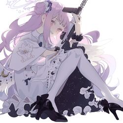  1girl angel_wings black_footwear black_scrunchie blue_archive blue_bow blue_bowtie bow bowtie breasts buttons capelet crescent double-breasted dress flower frilled_dress frills gradient_hair grin gun hair_bun hair_flower hair_ornament hair_ribbon halo high_heels highres holding holding_gun holding_weapon knees_up lanchester_smg long_hair looking_at_viewer low_wings medium_dress microbe_volvox mika_(blue_archive) multicolored_hair pantyhose pink_hair pink_halo purple_flower purple_hair ribbon scrunchie simple_background single_side_bun sitting sleeveless sleeveless_dress smile solo starry_sky_print submachine_gun trinity_general_school_logo underbust very_long_hair weapon white_background white_capelet white_dress white_pantyhose white_ribbon wings wrist_scrunchie yellow_eyes 