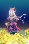  1girl braid changmingsuo chinese_text dress floating_hair flower hair_flower hair_ornament highres hmong holding holding_instrument instrument jewelry long_hair long_sleeves looking_at_viewer miao_clothes music original playing_instrument qiushiri rapeseed_blossoms smile solo standing violet_eyes white_hair 