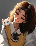  1girl ai-generated animal animal_on_shoulder brown_hair cat freckles highres jewelry long_sleeves looking_at_animal necklace sam_yang smile solo white_cat 