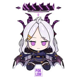  1girl ahoge belt black_halo blue_archive chibi closed_mouth demon_horns demon_wings full_body fumo_(doll) glowing_horns hair_ornament halo highres hina_(blue_archive) horns long_hair looking_at_viewer military_uniform parted_bangs poklow sidelocks simple_background solo uniform very_long_hair violet_eyes white_background white_hair wings 