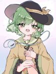 1girl black_hat blouse bow buttons diamond_button eyeball frilled_shirt_collar frilled_sleeves frills green_eyes green_hair hat hat_bow hat_ribbon heart heart_of_string highres koishi_day komeiji_koishi light_smile open_mouth ribbon shirt solo third_eye touhou ux_xu_666 wide_sleeves yellow_bow yellow_ribbon yellow_shirt 