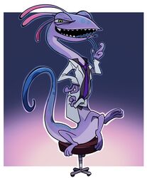  1boy alternate_costume chair colored_skin colored_tongue full_body ikuchi_osutega lizard_tail male_focus monster monsters_inc. necktie no_humans purple_tongue randall_boggs sharp_teeth solo tail teeth tongue tongue_out 