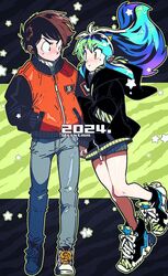  1boy 1girl artist_logo black_jacket brown_hair cone_horns dated denim floating_hair grey_pants hand_in_pocket holding_hands horns jacket long_hair looking_at_another lum moroboshi_ataru multicolored_clothes multicolored_jacket pants pointy_ears red_jacket sasaki_tomomi shoes short_hair sidelocks sneakers star_(symbol) streetwear two-tone_jacket urusei_yatsura 