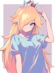  1girl absurdres alternate_costume blonde_hair blue_eyes blue_shirt closed_mouth collarbone crown eyelashes hair_over_one_eye highres index_finger_raised long_bangs long_hair looking_at_viewer pointing pointing_up rosalina ryu160303 shirt short_sleeves solo super_mario_bros. upper_body very_long_hair 