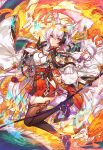  1girl age_of_ishtaria animal_ear_fluff animal_ears arrow_(projectile) bare_shoulders beads black_gloves black_hair black_thighhighs blue_fire bow_(weapon) breasts detached_sleeves dragon fire fox fox_ears fox_mask fox_tail full_body gloves grey_hair hakama hakama_skirt highres holding holding_bow_(weapon) holding_weapon japanese_clothes kimono long_hair looking_at_viewer mask miko multicolored_hair munlu_(wolupus) prayer_beads red_hakama sandals seimei_(age_of_ishtaria) skirt solo tail thigh-highs two-tone_hair violet_eyes weapon white_kimono wide_sleeves zouri 