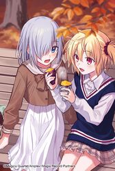  2girls :d ahoge autumn autumn_leaves ayano_rika blonde_hair blue_eyes blue_vest brown_shirt brown_skirt collared_shirt commentary_request cowboy_shot food fuji_fujino giving grey_hair hair_over_one_eye hands_up holding holding_food isuzu_ren leaf long_sleeves looking_at_another magia_record:_mahou_shoujo_madoka_magica_gaiden mahou_shoujo_madoka_magica multiple_girls on_bench open_mouth outdoors plaid_clothes plaid_skirt pleated_skirt red_eyes roasted_sweet_potato shirt short_hair sitting skirt smile steam sweet_potato two_side_up vest white_shirt white_skirt 