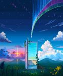  clouds commentary diffraction_spikes door english_commentary field grass ivy jubilee_(8pxl) landscape mountainous_horizon night night_sky no_humans open_door original outdoors pixel_art scenery sky star_(sky) starry_sky sunset surreal 