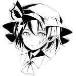 1girl greyscale hair_between_eyes hat looking_at_viewer monochrome pointy_ears remilia_scarlet ribbon short_hair simple_background solo touhou upper_body white_background wings 