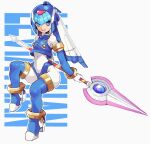  1girl android armor blue_armor blue_eyes blue_footwear blue_helmet bodysuit boots character_name crop_top fairy_leviathan_(mega_man) forehead_jewel full_body high_heel_boots high_heels highres holding holding_polearm holding_weapon looking_at_viewer mega_man_(series) mega_man_zero_(series) polearm shimosuke simple_background smile solo spear thigh_boots weapon white_background white_bodysuit 