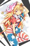  1girl absurdres american_flag_dress american_flag_legwear blonde_hair closed_mouth clownpiece commentary_request hat highres ichizen_(o_tori) jester_cap long_hair looking_at_viewer messy_hair neck_ruff pink_eyes pink_hat smile solo star_(symbol) star_print striped_clothes striped_thighhighs thigh-highs touhou 