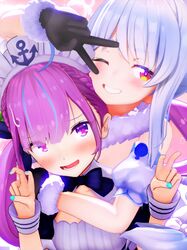  2girls 3d aqua_nails black_gloves blue_hair blush bow bowtie braid commentary_request crown_braid double_v eyes_visible_through_hair facing_viewer frown fur-trimmed_gloves fur_trim gloves grin highres hikimayu hololive looking_at_viewer maid maid_headdress mikumikudance_(medium) minato_aqua minato_aqua_(1st_costume) mithras_custom multicolored_hair multiple_girls nail_polish one_eye_closed open_mouth purple_hair red_eyes shy smile streaked_hair sweatdrop symbol_in_eye upper_body usada_pekora usada_pekora_(1st_costume) v violet_eyes virtual_youtuber wrist_cuffs 