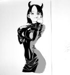  1girl bad_id bad_pixiv_id black_dress black_hair breasts demon_horns dende_(dndn222) dress facing_viewer greyscale highres horns large_breasts looking_at_viewer monochrome original parted_bangs scan scan_artifacts solo standing teeth tight_clothes tight_dress traditional_media 