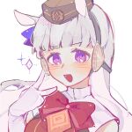  1girl animal_ears blunt_bangs bow bowtie chinese_commentary collared_dress commentary_request dress ear_bow ear_ribbon elbow_gloves eyebrows_hidden_by_hair gloves gold_ship_(umamusume) grey_hair hat horse_ears horse_girl long_hair looking_at_viewer open_mouth pillbox_hat purple_bow red_bow red_bowtie red_dress solo tishacat umamusume v violet_eyes white_background white_gloves 