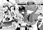  4girls apron aru_(blue_archive) blue_archive blush closed_mouth cup demon_horns food hair_between_eyes halo haruka_(blue_archive) holding holding_tray horns indoors kayoko_(blue_archive) long_hair looking_at_viewer medium_hair multiple_girls mutsuki_(blue_archive) nogiwa_kaede open_mouth parfait parted_lips problem_solver_68_(blue_archive) shirt shoes short_sleeves skirt smile socks tray 