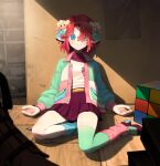  1girl absurdres asymmetrical_legwear black_skirt blue_eyes blue_leg_warmers blush button_eyes green_eyes hair_between_eyes highres indie_virtual_youtuber indoors jacket long_sleeves mismatched_legwear pink_leg_warmers pleated_skirt raggy_chiffon raggy_chiffon_(artist) redhead rubik&#039;s_cube shadow short_hair skirt smile solo tape_measure virtual_youtuber 