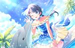  1girl ;d bare_shoulders blue_choker blue_dress blue_eyes blue_hair blue_hairband blue_sky bow_hairband choker clouds collarbone cross-laced_clothes cross-laced_dress dark_blue_hair dolphin dolphin_beach_(love_live!) dress dutch_angle frilled_cuffs frilled_dress frills game_cg hairband highres kneeling layered_dress lens_flare link!_like!_love_live! long_hair love_live! low_twintails medium_dress murano_sayaka off-shoulder_dress off_shoulder official_art one_eye_closed open_mouth palm_tree shoes short_sleeves sky smile solo third-party_source tree twintails virtual_youtuber water_drop wet white_footwear yellow_dress yellow_wrist_cuffs 