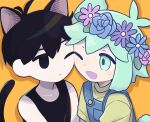  2boys animal_ears basil_(headspace)_(omori) basil_(omori) bell black_eyes black_hair black_tank_top blue_overalls blush cat_ears cat_tail closed_mouth colored_skin green_eyes green_hair green_shirt head_wreath jingle_bell kemonomimi_mode looking_at_another multiple_boys omori omori_(omori) one_eye_closed open_mouth overalls rabbit_boy rabbit_ears rabbit_tail shirt short_hair short_sleeves smile sr_ld_fr tail tank_top white_skin 