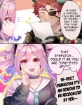  1boy 1girl arknights black_headphones blush demon_boy demon_horns drill_hair english_text eyepatch headphones heart_emoji highres hoederer_(arknights) holding holding_paper horns imma_artsu long_hair multicolored_hair necktie paper pink_hair purple_hair redhead scar scar_across_eye smile_emoji speech_bubble twin_drills u-official_(arknights) 