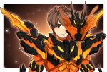  1010_mumumu 1boy abs armor aura banjou_ryuuga belt black_armor bodysuit brown_hair build_driver clenched_hands commentary_request cross-z_magma dragon fire glowing glowing_bodysuit kamen_rider kamen_rider_build_(series) kamen_rider_cross-z lava magma_knuckle male_focus mask orange_bodysuit pauldrons shoulder_armor solo unworn_mask western_dragon yellow_eyes 