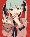  1girl bandaid fangs hair_ornament hatsune_miku heart highres jewelry jirai_kei long_hair long_sleeves looking_at_viewer mask mask_pull mouth_mask open_mouth piercing red_background ribbon shirt smile solo twintails vampire_(game) vampire_(vocaloid) wagashi425 
