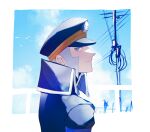  1boy black_coat coat from_side grey_eyes grey_hair hat highres ingo_(pokemon) looking_at_viewer male_focus peaked_cap pokemon pokemon_bw sioma709iie solo upper_body utility_pole 