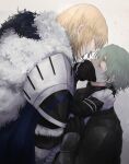  2boys armor armored_gloves black_armor black_fur black_gloves blonde_hair blue_cloak byleth_(fire_emblem) byleth_(male)_(fire_emblem) cloak closed_eyes commentary commentary_request covering_another&#039;s_mouth dimitri_alexandre_blaiddyd fire_emblem fire_emblem:_three_houses fur_trim gauntlets gloves green_eyes green_hair hair_between_eyes hair_over_eyes hand_on_another&#039;s_arm hand_on_another&#039;s_neck hand_over_another&#039;s_mouth looking_at_another male_focus multiple_boys oyasai_feao simple_background smile white_background white_fur 