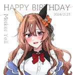  1girl animal_ears blush bow bowtie braid brown_hair character_name ear_covers hair_between_eyes hair_bow hair_ornament happy_birthday highres horse_ears horse_girl long_hair looking_at_viewer meikei_yell_(racehorse) multicolored_hair open_mouth orange_bow original personification poinsettia_yell red_bow red_bowtie shirt simple_background single_ear_cover smile solo umamusume upper_body violet_eyes white_background white_shirt 