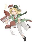  1girl absurdres bianca_(champion)_(pokemon) bianca_(pokemon) bonk book cape closed_eyes clumsy green_cape green_hat hat highres official_alternate_costume pants pokemon pokemon_masters_ex ricman_rt simple_background solo tripping white_background white_pants 
