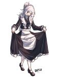  1girl absurdres alternate_costume apron arknights black_dress black_footwear blush commentary_request curtsey dated dress enmaided gaoling_gangqin grey_eyes highres long_hair looking_at_viewer maid maid_apron maid_headdress mulberry_(arknights) open_mouth pantyhose solo very_long_hair white_hair white_pantyhose 