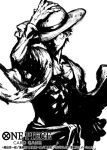  1boy closed_mouth commentary_request copyright_name cowboy_shot floating_clothes greyscale hat hat_over_one_eye looking_at_viewer makitoshi0316 male_focus monkey_d._luffy monochrome official_art one_piece one_piece_card_game open_clothes open_shirt sash scar scar_on_chest scar_on_face short_hair simple_background solo straw_hat 