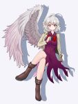  1girl ahoge blush bow bowtie brown_footwear dress full_body grey_background grey_hair grey_wings highres kishin_sagume looking_at_viewer purple_dress red_bow red_bowtie red_eyes shizen11037 short_hair simple_background single_wing solo touhou vest white_vest wings 