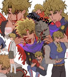  1boy age_progression arm_behind_back ascot belt birthmark black_nails black_pants black_vest bleeding bleeding_from_forehead blonde_hair blood blood_in_mouth blood_on_hands blue_hair blue_vest boxing_gloves bullet_hole character_name claws collared_shirt cup dio_brando drinking_glass ear_birthmark english_text fang fangs feathers fingernails flower frown gold_buttons gunshot_wound highres holding holding_flower holding_knife holding_mask holding_tray injury jojo_no_kimyou_na_bouken jojo_pose kneehighs knife knife_behind_back licking_lips long_fingernails long_sleeves looking_back male_focus mary_janes mask multiple_views necktie official_alternate_costume open_mouth out_of_frame outline outstretched_hand pants parted_bangs phantom_blood puffy_long_sleeves puffy_sleeves purple_scarf red_eyes red_feathers red_necktie red_outline red_shirt rose scarf sharp_fingernails shirt shoes short_hair shorts shuaitofu sitting smile smirk socks speech_bubble stone_mask_(jojo) string string_of_fate suspender_shorts suspenders tongue tongue_out tray v-shaped_eyebrows vampire vest white_shirt white_socks yellow_ascot 