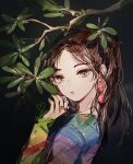  1girl animification black_background branch brown_hair close-up dress earrings english_commentary hrd0c irene_(red_velvet) jewelry k-pop long_hair looking_at_viewer multicolored_clothes multicolored_dress ponytail real_life red_velvet_(group) ring sidelocks signature solo upper_body 
