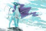  all_fours animal_focus blue_fur body_fur fog full_body highres long_hair looking_at_viewer pokemon pokemon_(creature) purple_hair red_eyes riotono_0643 solo suicide suicune 